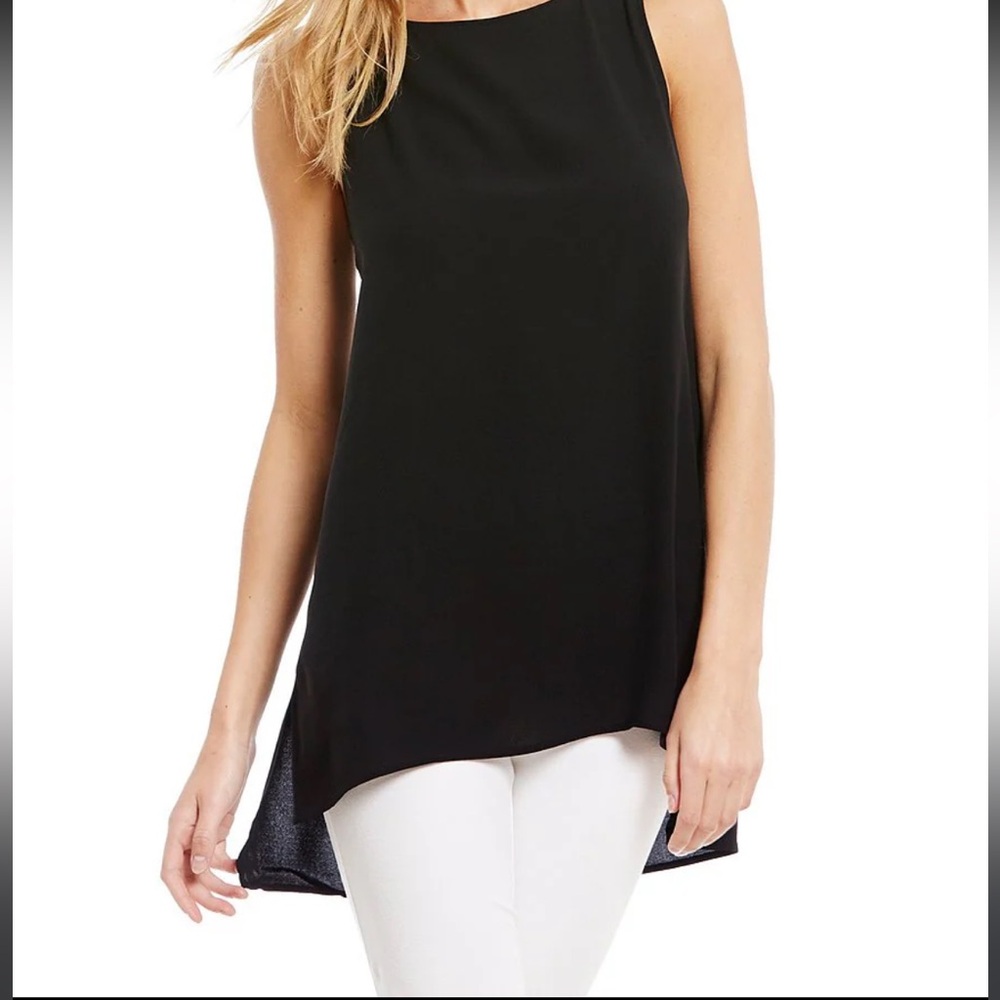 Eileen Fisher | Silk Georgette Crepe Ballet Neck Long Tank | Black